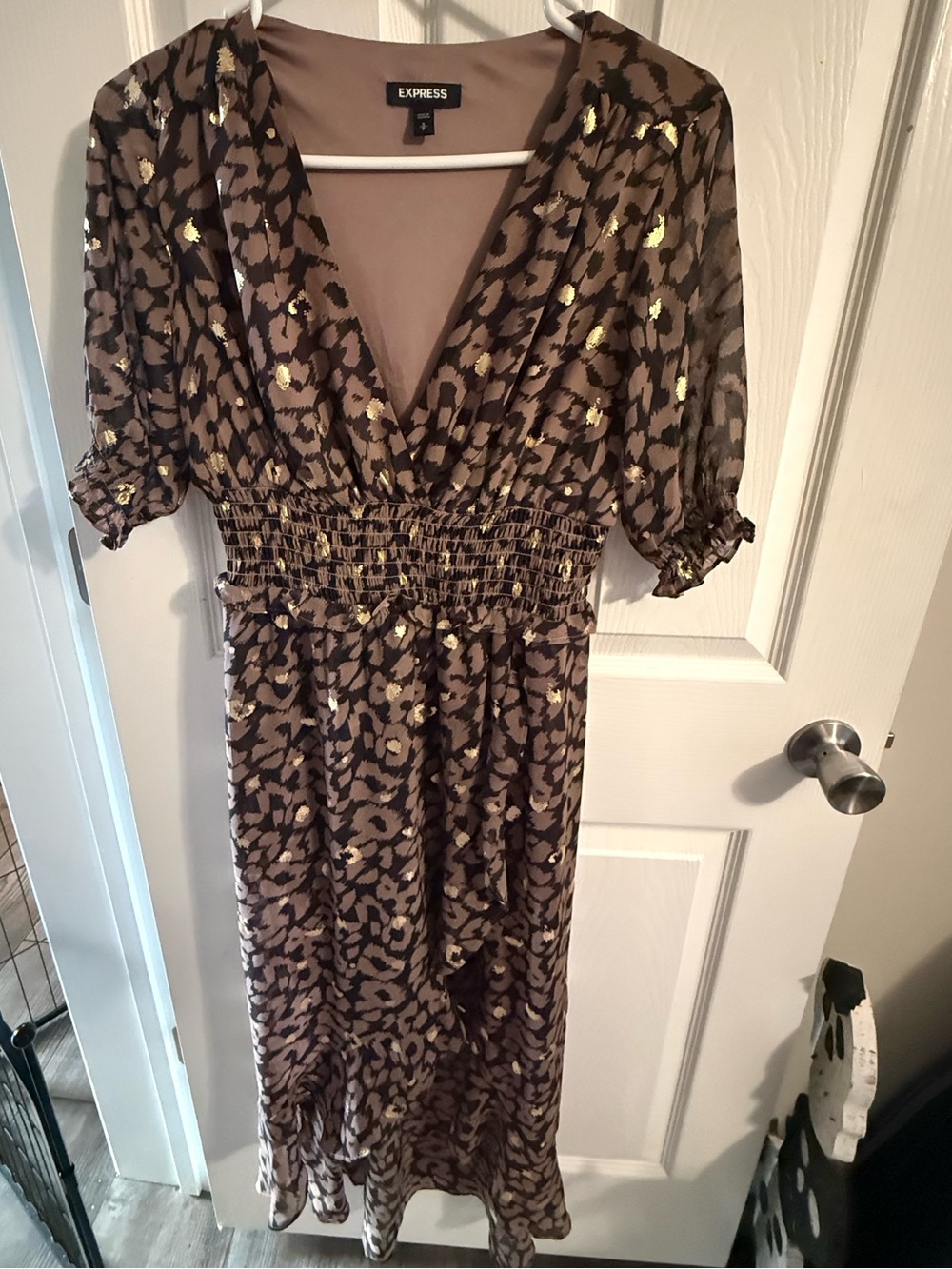 Express Leopard Print Gold Foil Smocked Waist Midi Dress S